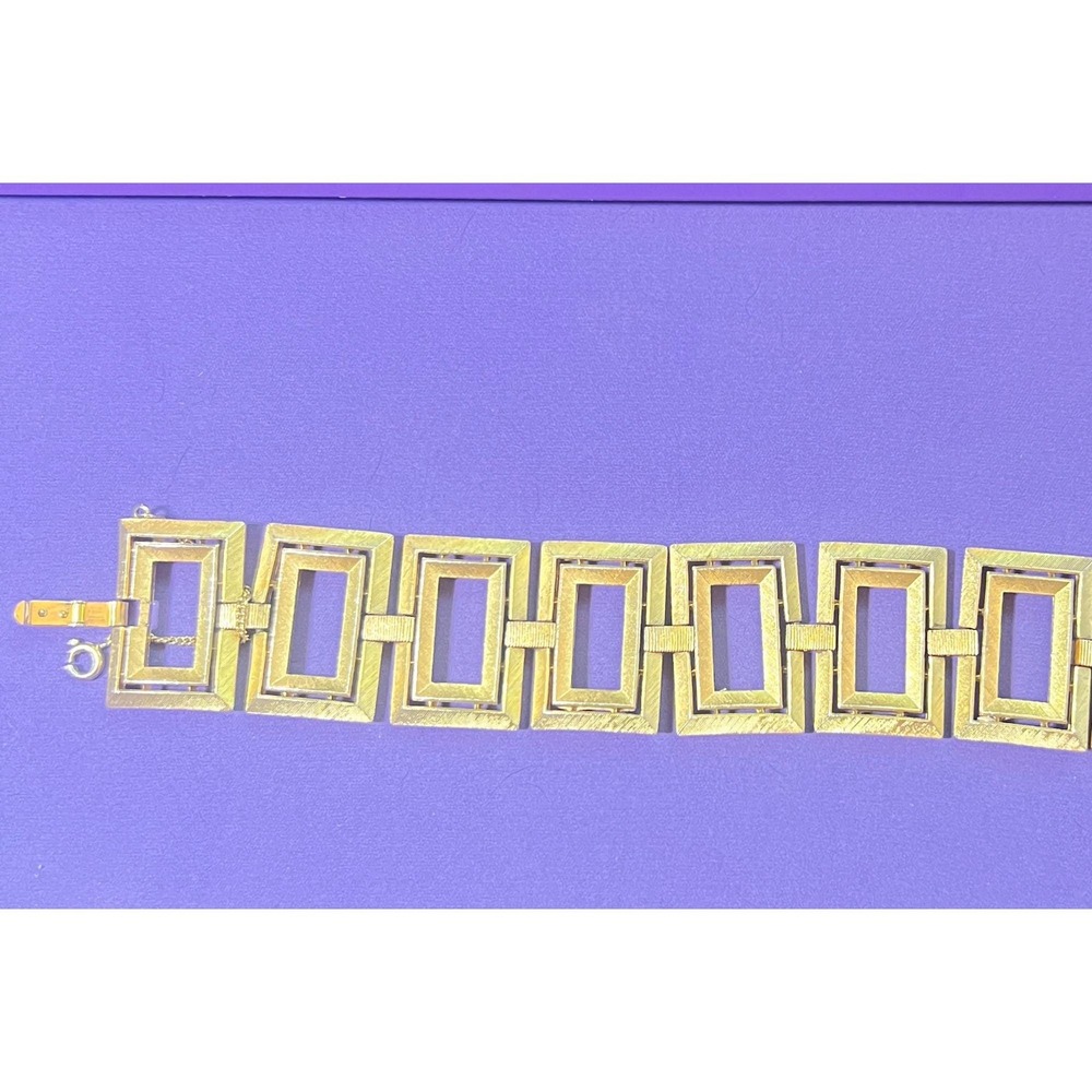 Vintage Trifari Chunky Bracelet Framed Panel Link 6.75"X 1.25" Brushed Gold Tone